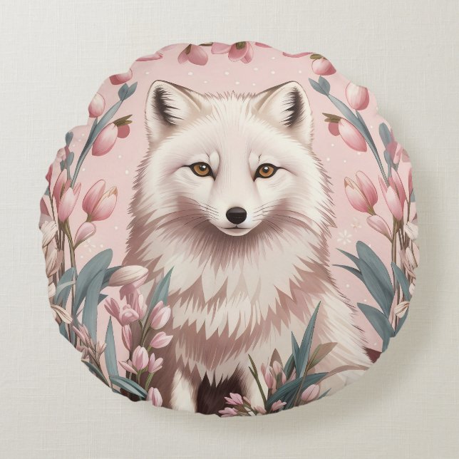 Elegant Arctic Fox Pink Floral Rundes Kissen (Vorderseite)