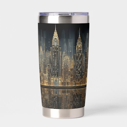Elegant Art Deco City Skyline in Gold on Black  Thermobecher (Vorderseite)