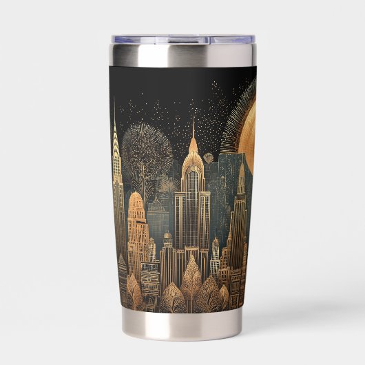 Elegant Art Deco City Skyline in Gold on Black Thermobecher (Vorderseite)