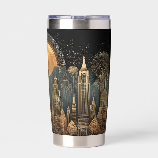 Elegant Art Deco City Skyline in Gold on Black Thermobecher (Rückseite)
