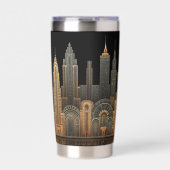 Elegant Art Deco City Skyline in Gold on Black Thermobecher (Vorderseite)
