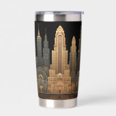 Elegant Art Deco City Skyline in Gold on Black Thermobecher (Links)