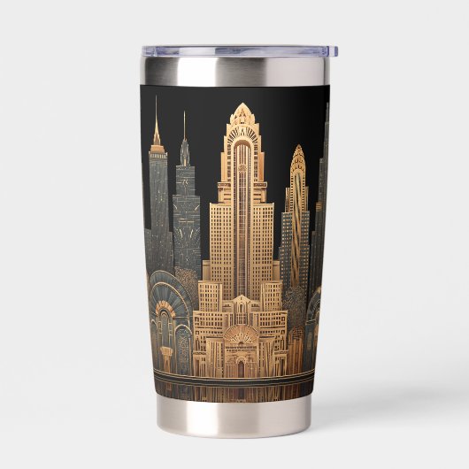 Elegant Art Deco City Skyline in Gold on Black Thermobecher (Links)