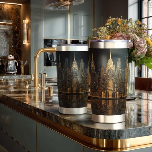 Elegant Art Deco City Skyline in Gold on Black Thermobecher