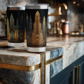 Elegant Art Deco City Skyline in Gold on Black Thermobecher