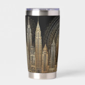 Elegant Art Deco City Skyline in Gold on Black Thermobecher (Vorderseite)