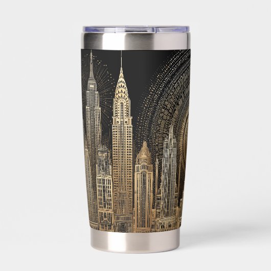 Elegant Art Deco City Skyline in Gold on Black Thermobecher (Vorderseite)