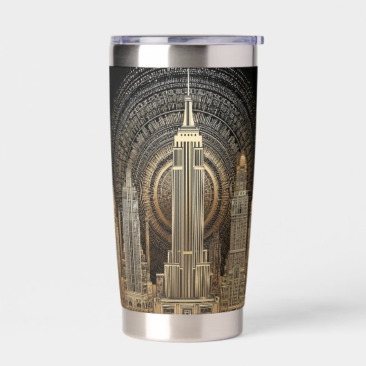 Elegant Art Deco City Skyline in Gold on Black Thermobecher (Links)