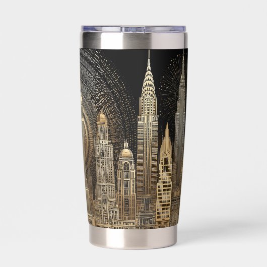 Elegant Art Deco City Skyline in Gold on Black Thermobecher (Rückseite)