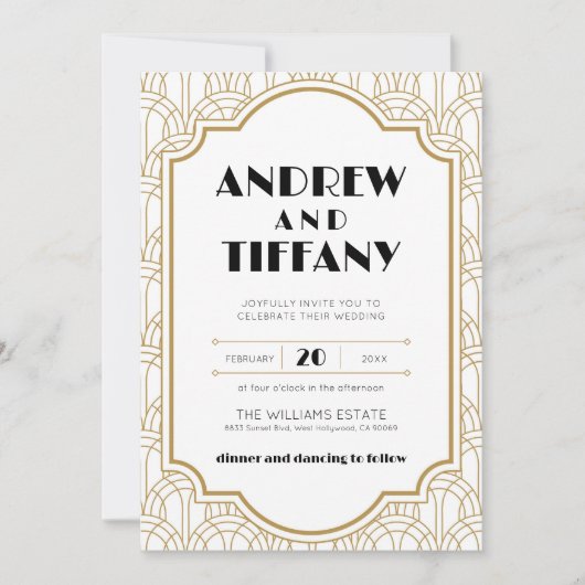 Elegant Art Deco Gatsby 1920s Wedding White Gold Einladung (Vorderseite)