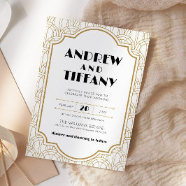 Elegant Art Deco Gatsby 1920s Wedding White Gold Einladung