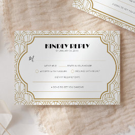 Elegant Art Deco Gatsby 1920s Wedding White Gold RSVP Karte
