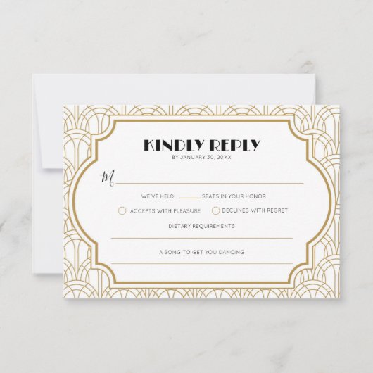 Elegant Art Deco Gatsby 1920s Wedding White Gold RSVP Karte (Vorderseite)