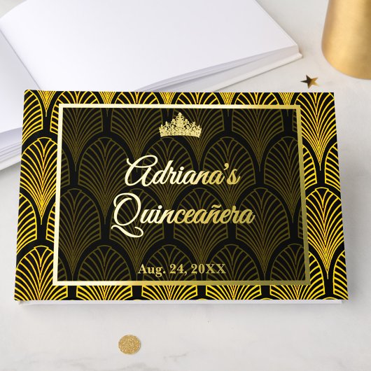 Elegant Art Deco Gold Black Quinceanera Gästebuch
