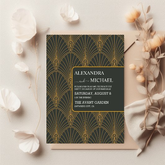 Elegant Art Deco Gold Green Wedding Einladung