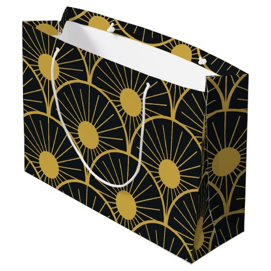 Elegant Art Deco Gold Sun Pattern on Black Große Geschenktüte (Rückseite Schrägansicht)