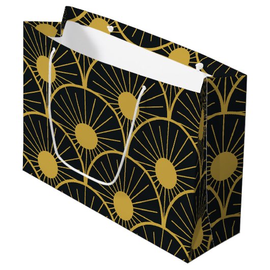 Elegant Art Deco Gold Sun Pattern on Black  Große Geschenktüte (Vorderseite Schrägansicht)