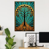 Elegant Art Deco Maple Tree Silhouette Gold Teal Poster (Heimbüro)