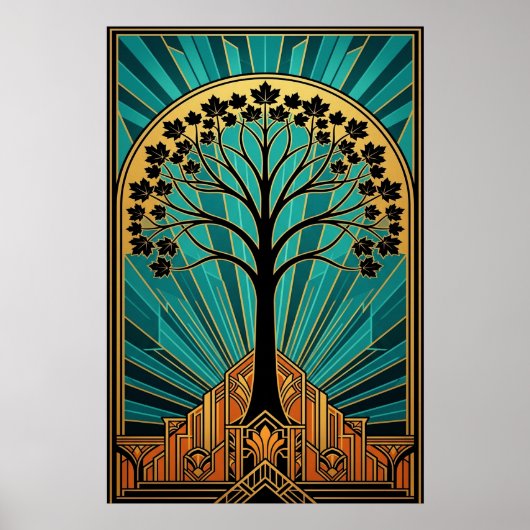 Elegant Art Deco Maple Tree Silhouette Gold Teal Poster (Vorne)