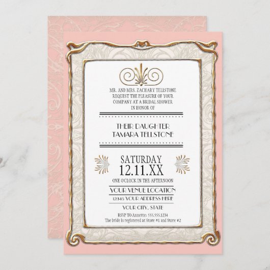 Elegant Art Deco Nouveau Gatsby Gold in Lace 1920s Einladung (Vorne/Hinten)