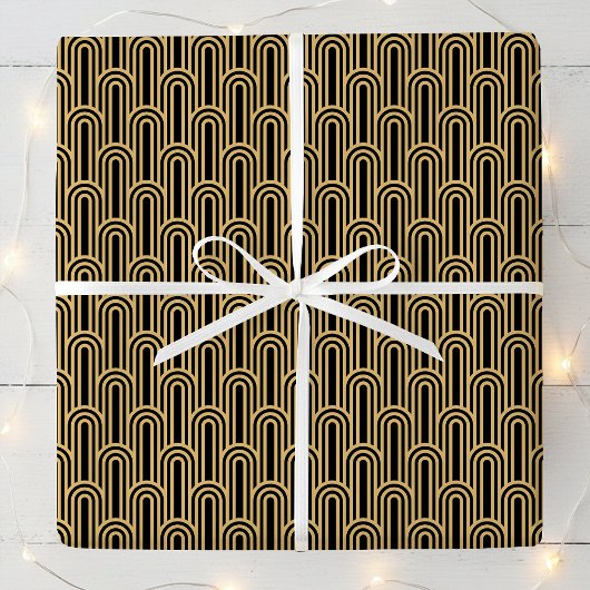 Elegant Art Deco Pattern Arches Black Gold Chic Geschenkpapier