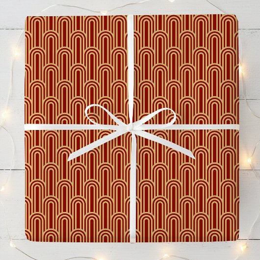 Elegant Art Deco Pattern Arches Red Gold Chic Geschenkpapier