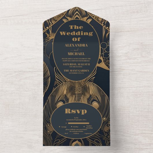 Elegant Art Deco Peacocks Wedding All In One Einladung (Innen Boden)