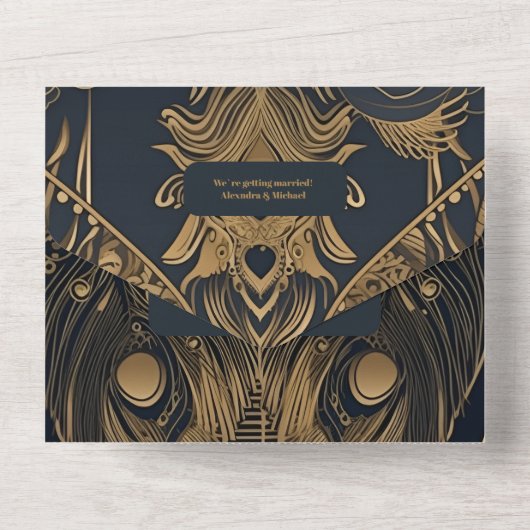 Elegant Art Deco Peacocks Wedding All In One Einladung (Rückseite)