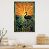 Elegant Art Deco Swan Sunset Lake Poster (Küche)