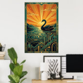 Elegant Art Deco Swan Sunset Lake Poster (Heimbüro)