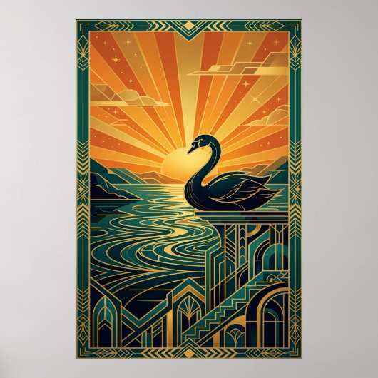 Elegant Art Deco Swan Sunset Lake Poster (Vorne)