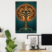 Elegant Art Deco Tree Silhouette Gold & Teal Poste Poster (Heimbüro)