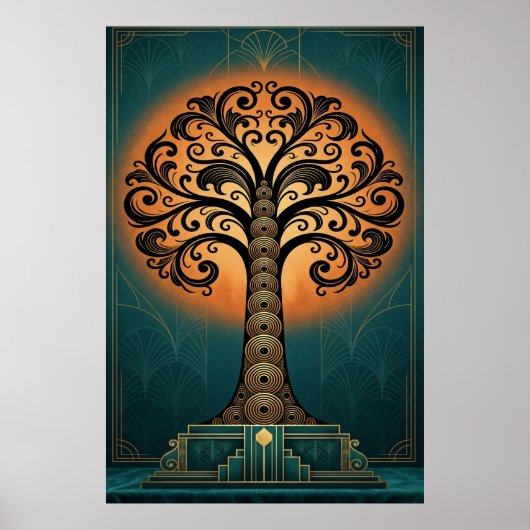 Elegant Art Deco Tree Silhouette Gold & Teal Poste Poster (Vorne)