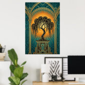Elegant Art Deco Weeping Willow Gold & Teal Poster (Heimbüro)