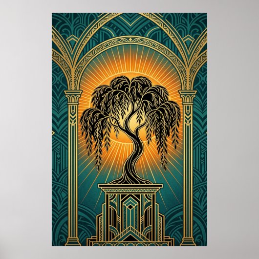 Elegant Art Deco Weeping Willow Gold & Teal Poster (Vorne)