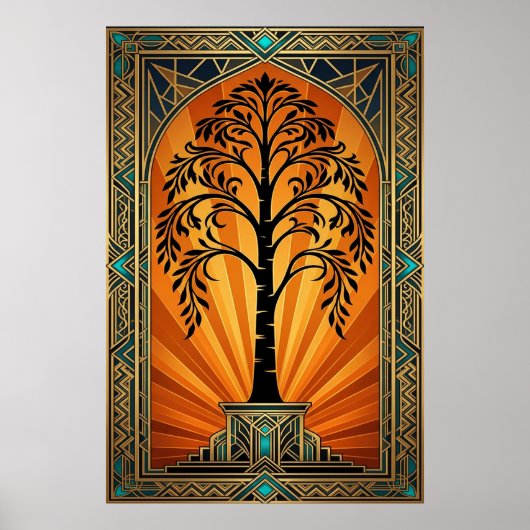 Elegant Art Deco Willow Tree Sunset Gold Poster (Vorne)
