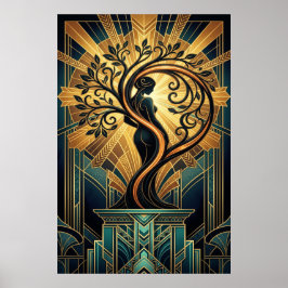 Elegant Art Deco Woman Tree Silhouette Black Gold  Poster