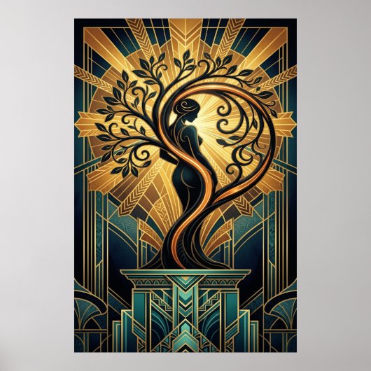 Elegant Art Deco Woman Tree Silhouette Black Gold  Poster (Vorne)