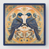 Elegant Art Nouveau Birds Pat#22 Blue Peach ID1078 Quadratische Wanduhr (Vorderseite)