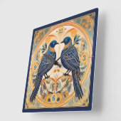 Elegant Art Nouveau Birds Pat#22 Blue Peach ID1078 Quadratische Wanduhr (Winkel)