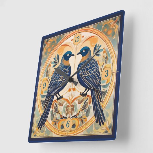 Elegant Art Nouveau Birds Pat#22 Blue Peach ID1078 Quadratische Wanduhr (Winkel)