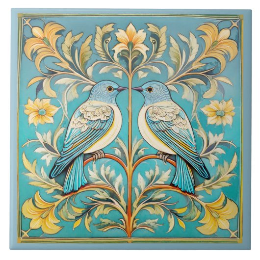 Elegant Art Nouveau Birds Pat#23 Aquamarin Peach I Fliese (Vorderseite)