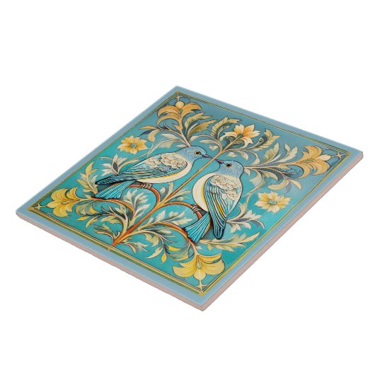 Elegant Art Nouveau Birds Pat#23 Aquamarin Peach I Fliese (Seite)