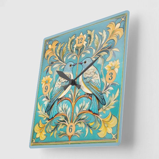 Elegant Art Nouveau Birds Pat#23 Aquamarin Peach I Quadratische Wanduhr (Winkel)