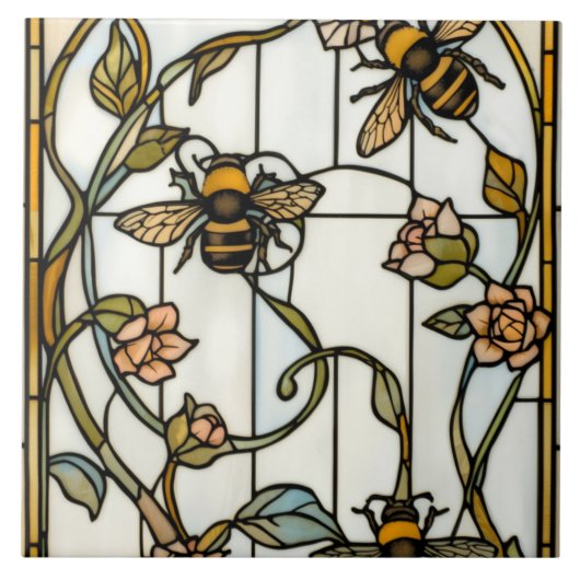 Elegant art nouveau botanical  bee stain glass fliese (Vorderseite)