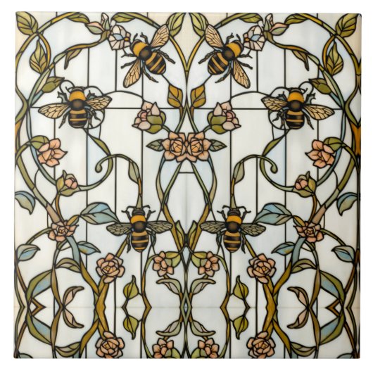 Elegant art nouveau botanical  bee stain glass fliese (Vorderseite)