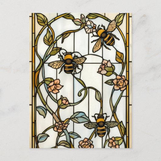 Elegant art nouveau botanical  bee stain glass postkarte (Vorderseite)