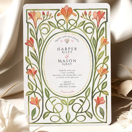 Elegant Art Nouveau Coral Lily Wedding Invite Einladung