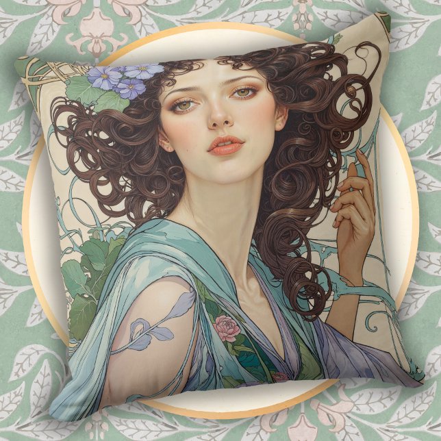 Elegant Art Nouveau Dark Haired Woman Kissen (Von Creator hochgeladen)