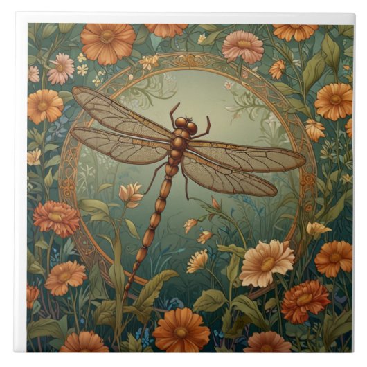 Elegant Art Nouveau Spring green Dragonfly Fliese (Vorderseite)
